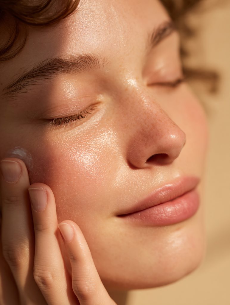 A close-up shot of a young woman's face, showcasing healthy, radiant skin with a subtle, luminous sheen.